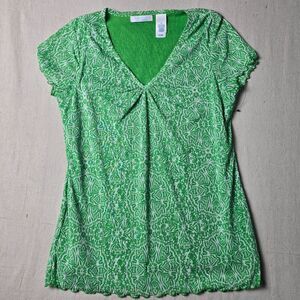 Lizwear Top Pull-On V-Neck Lined Ruffled Hem Short Sleeve‎ Green/White Size M